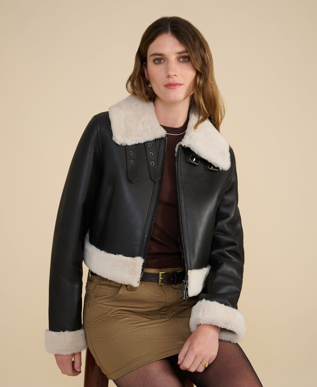 Emery luxury dark brown shearling flight jacket styled for Fall Winter 2026 2027 collection