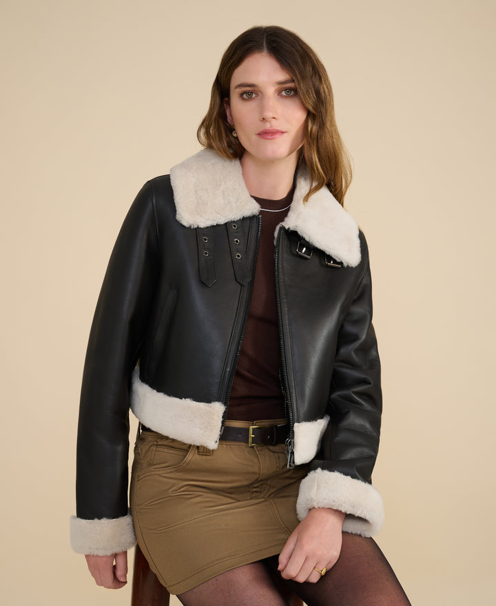 Emery luxury dark brown shearling flight jacket styled for Fall Winter 2026 2027 collection