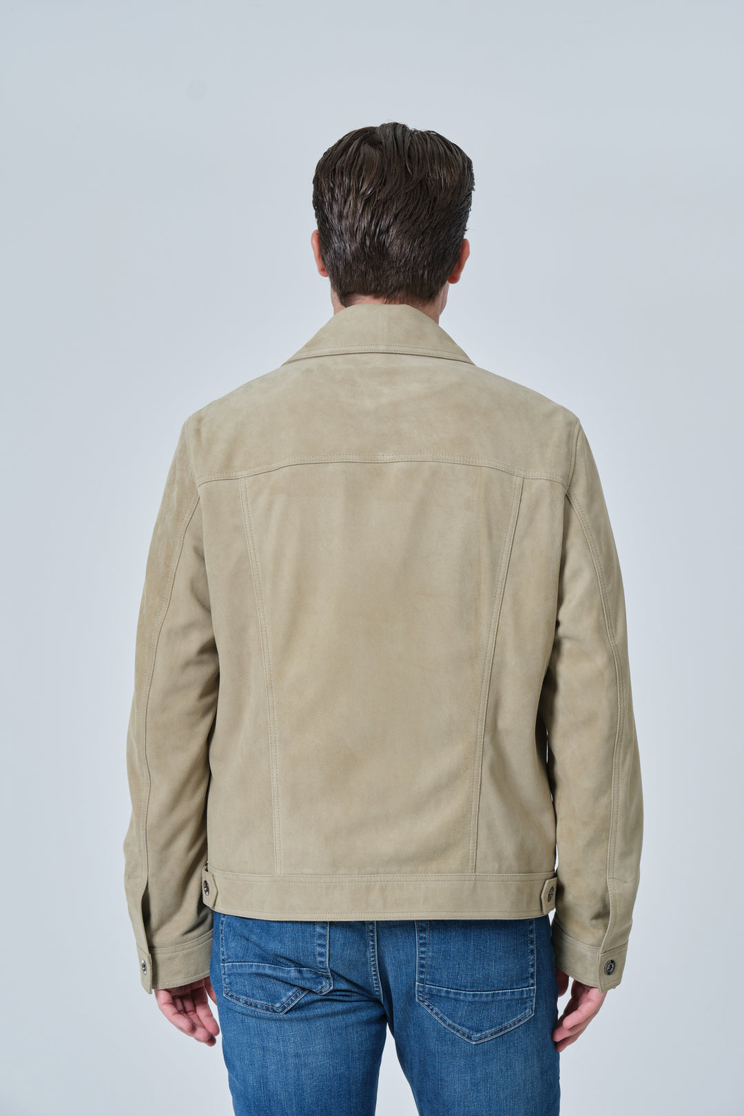 Back view of Enzo men's sage green suede jacket in soft premium suede