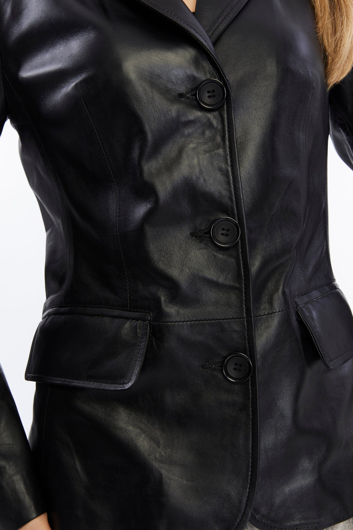 Esther black leather blazer jacket close-up detail view