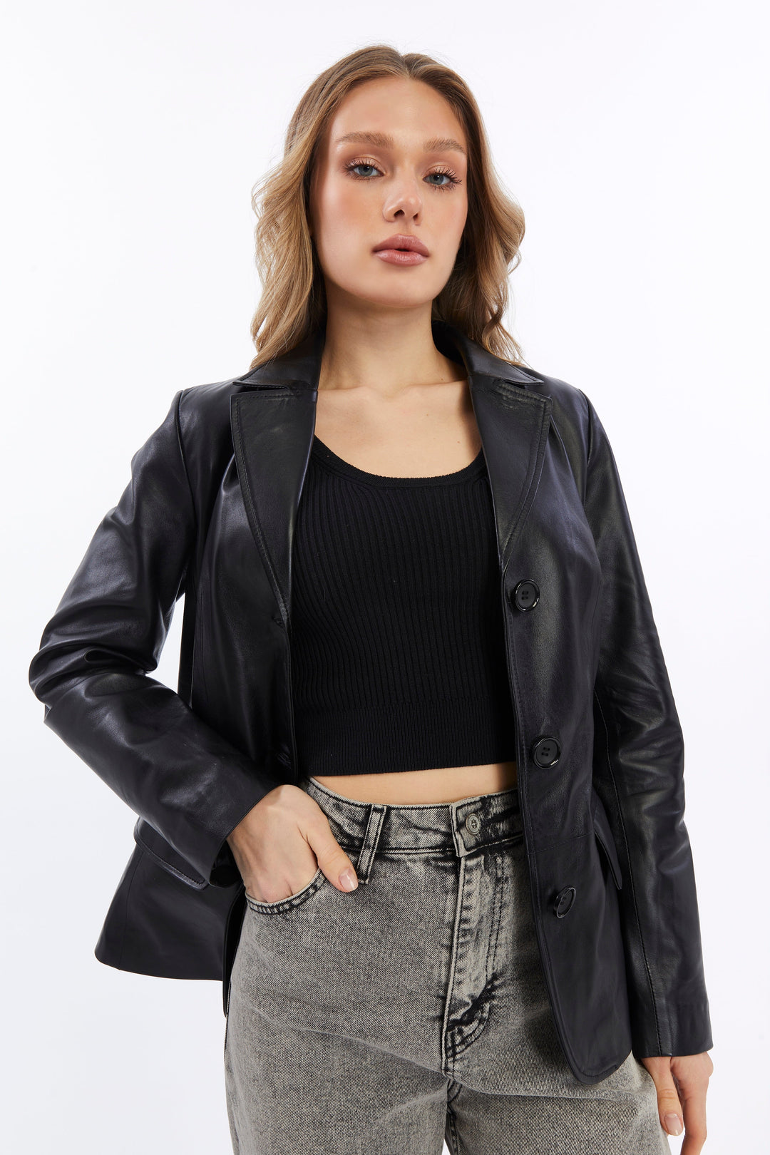 Esther fitted black leather blazer jacket fashion pose