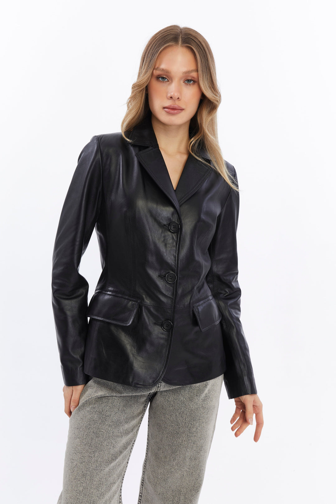 Esther premium black leather blazer jacket angled portrait