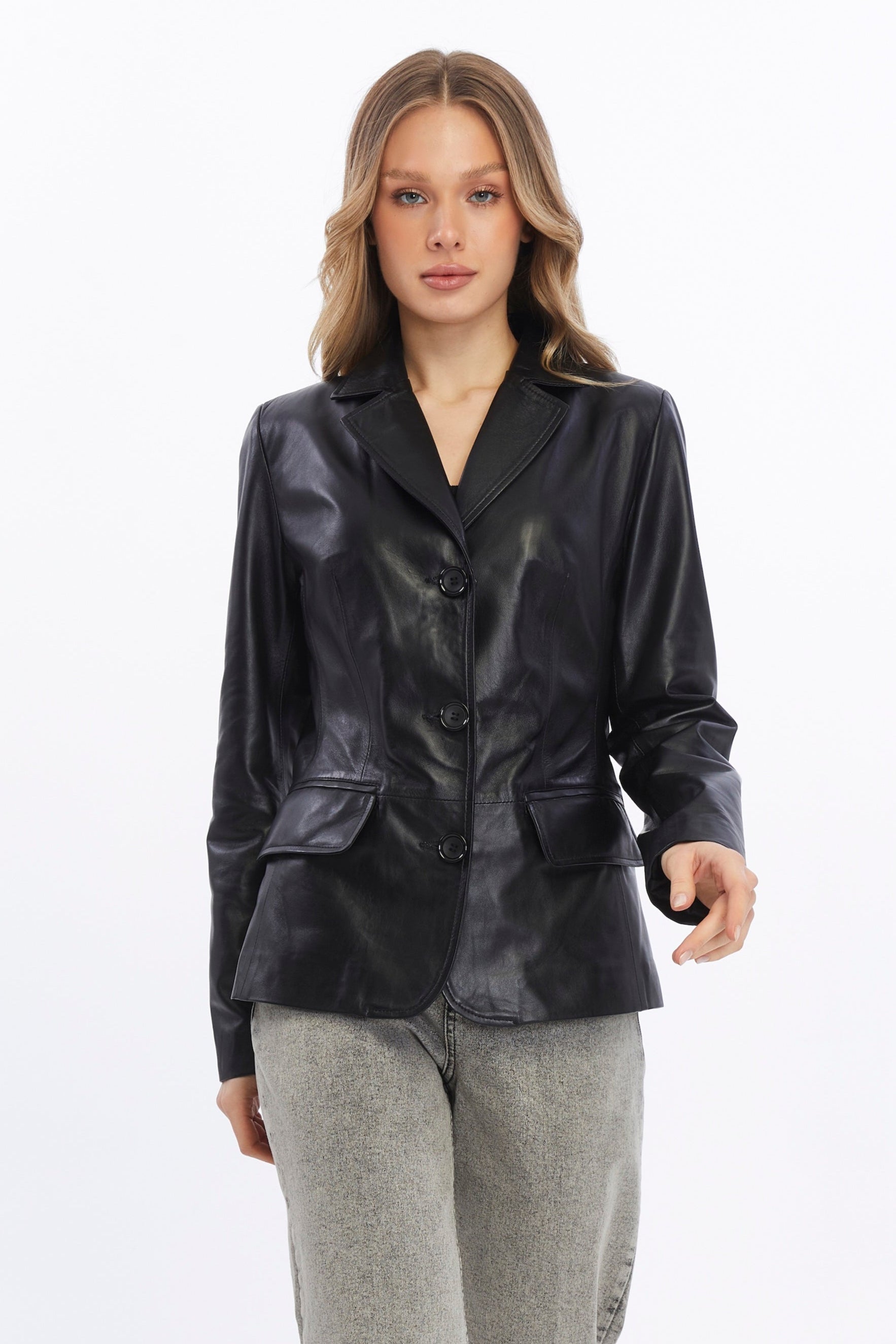 Esther Black Leather Blazer | FURNIQ UK