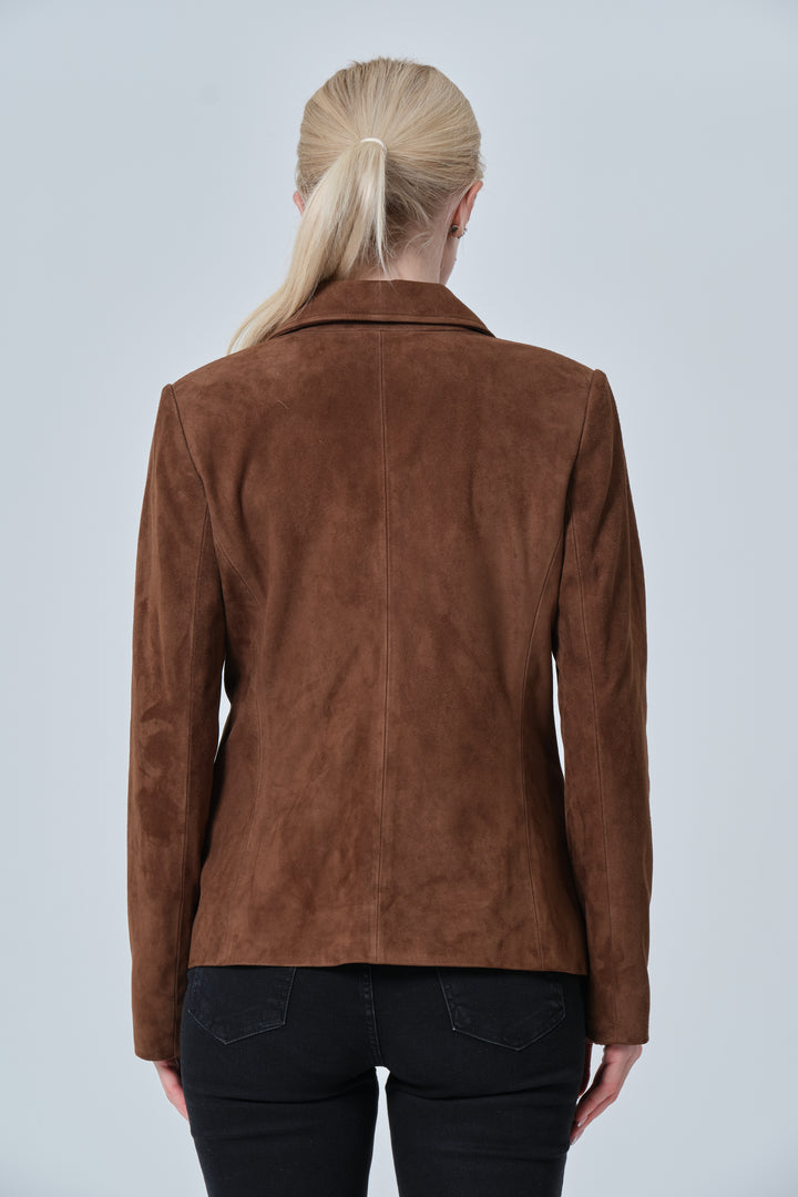 Women’s chestnut brown suede blazer jacket back view structured silhouette