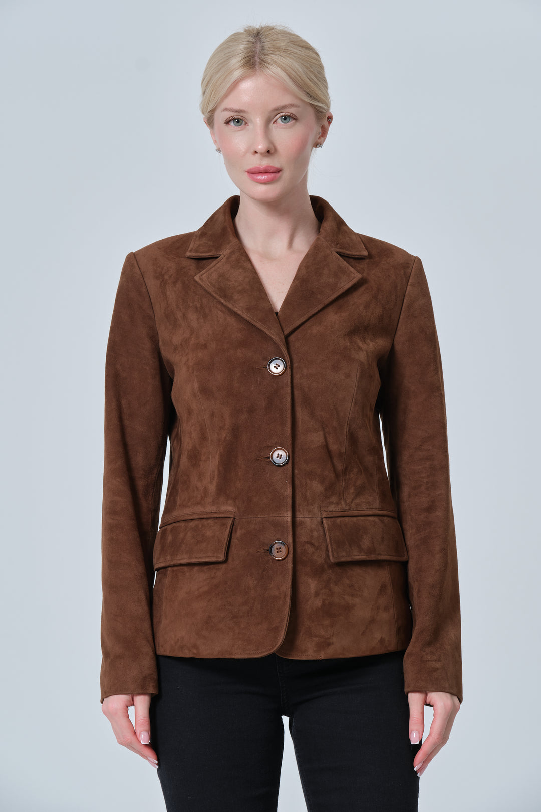 Women’s chestnut brown suede blazer jacket front view tailored fit