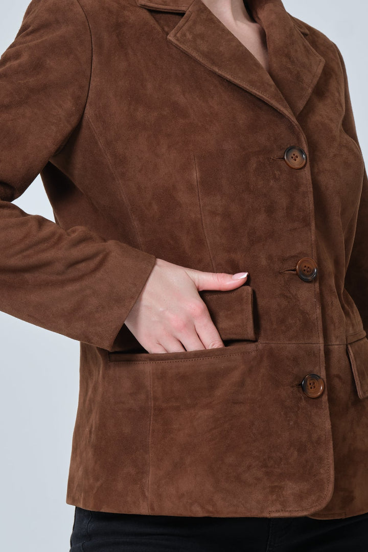 Women’s chestnut brown suede blazer jacket button detail and pocket design