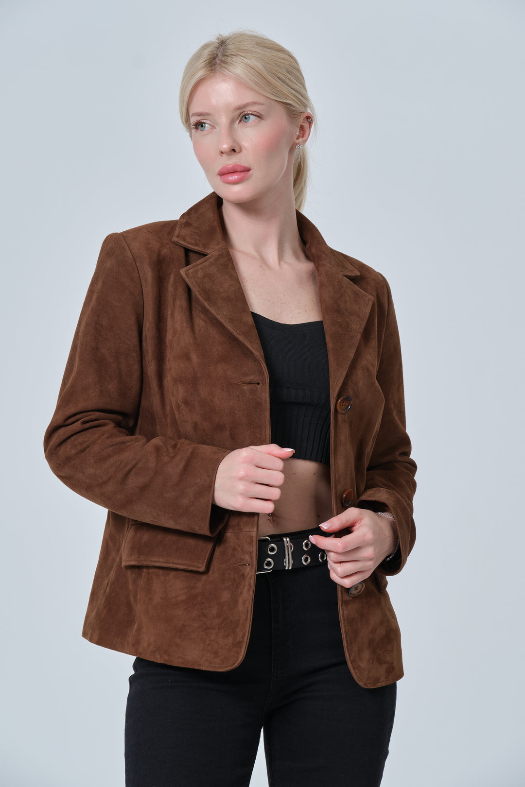 Women’s chestnut brown suede blazer jacket front view tailored fit