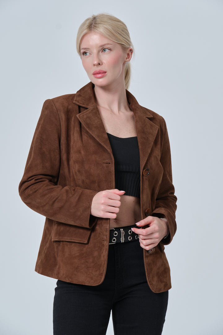 Women’s chestnut brown suede blazer jacket front view tailored fit