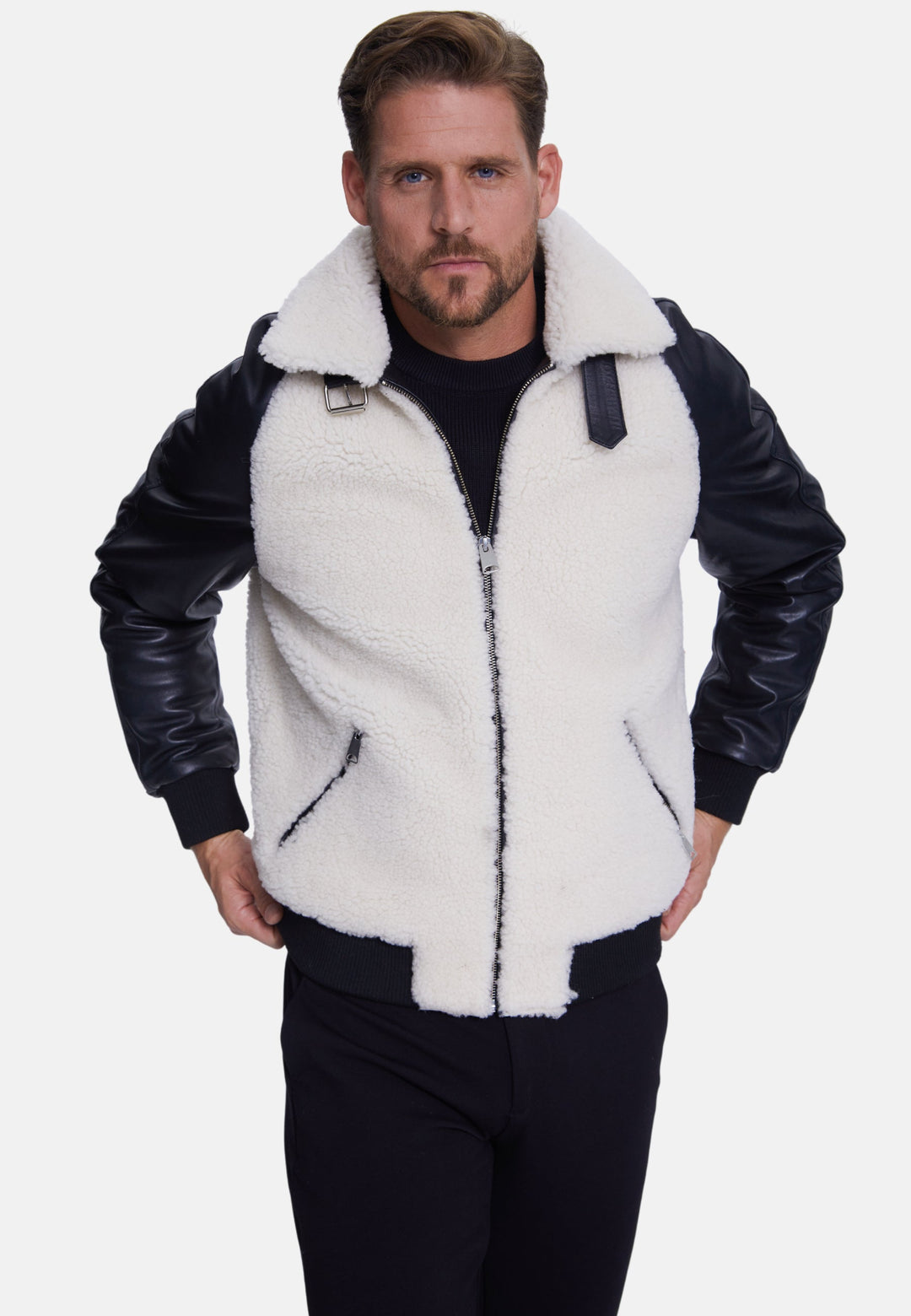 White shearling jacket with black sleeves