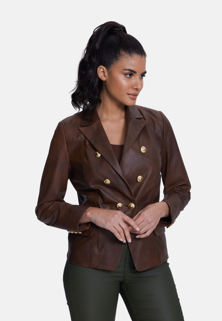 Brown leather double-breasted blazer