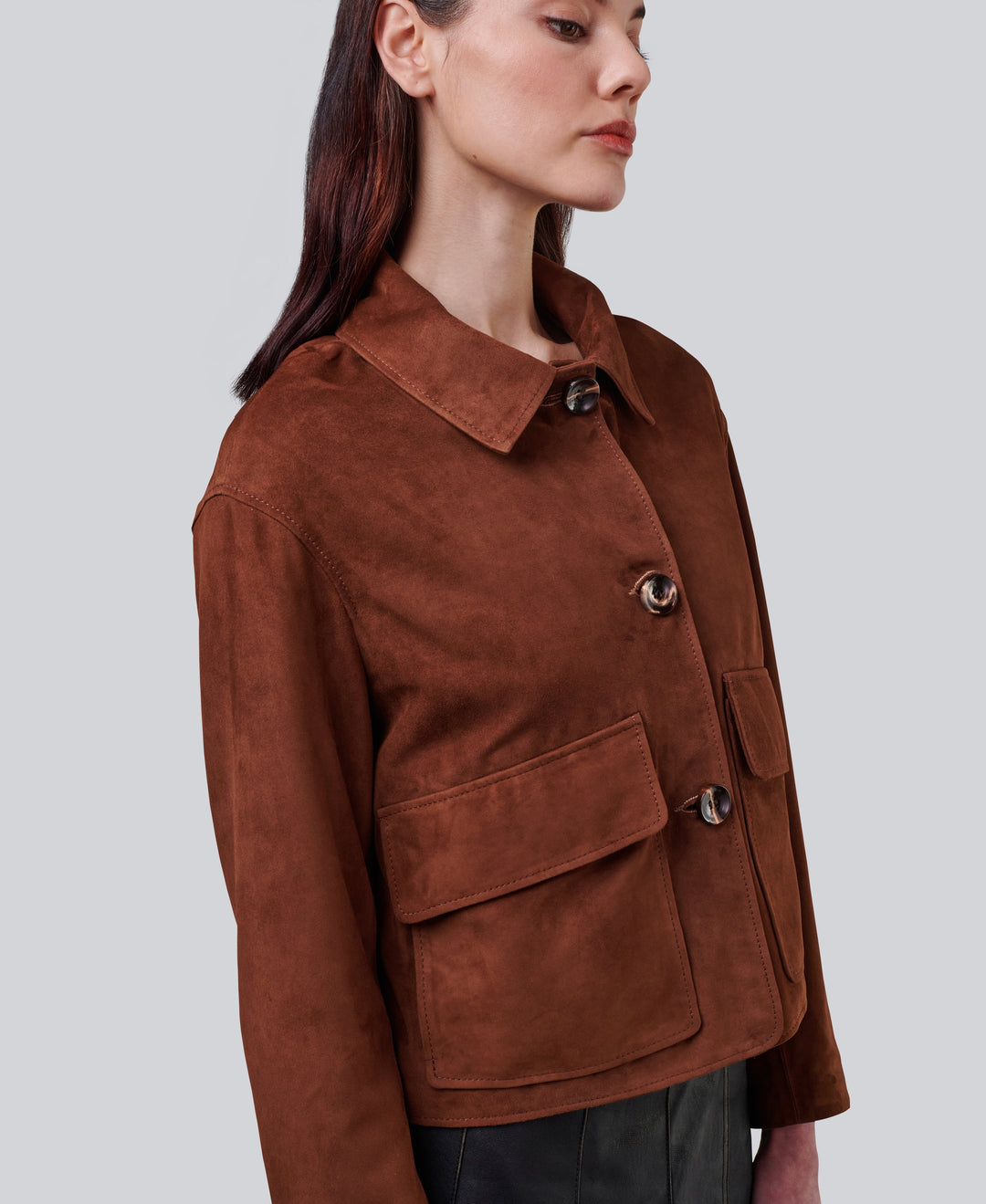 Brown suede jacket with flap pockets