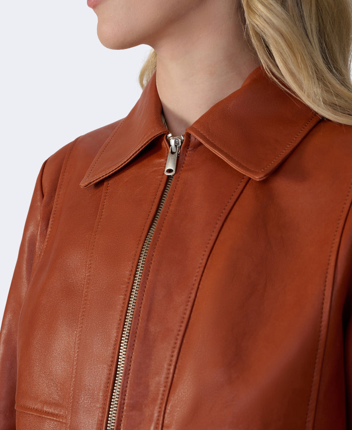 Cognac leather jacket with zipper