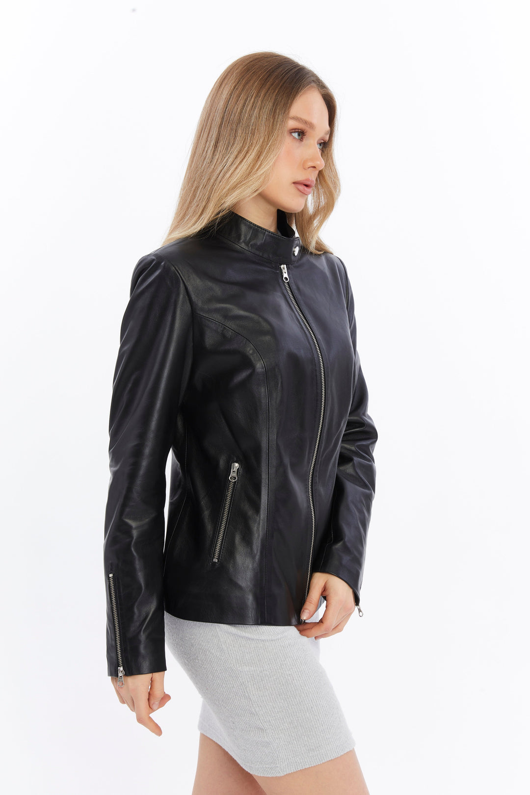 Woman wearing black leather jacket