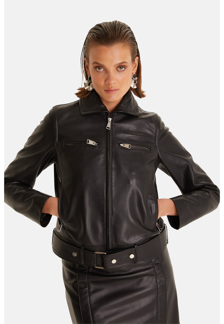Black leather women's jacket with belt