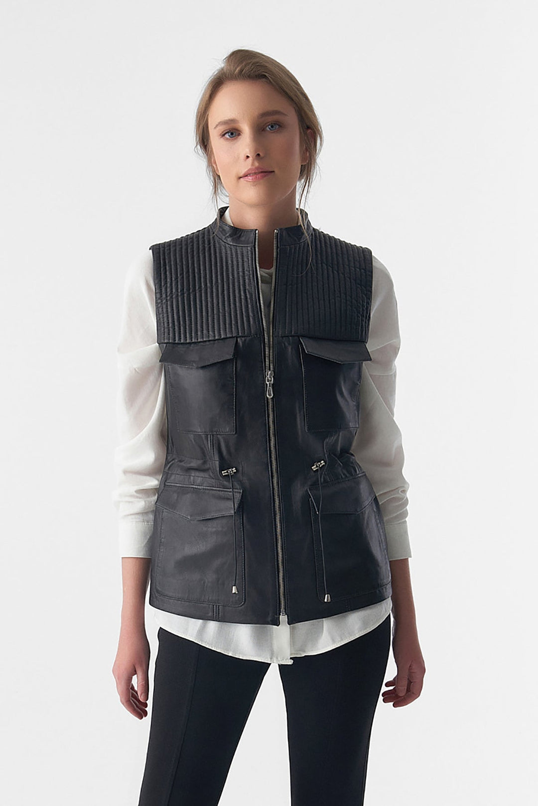 Black leather vest with ribbed yoke
