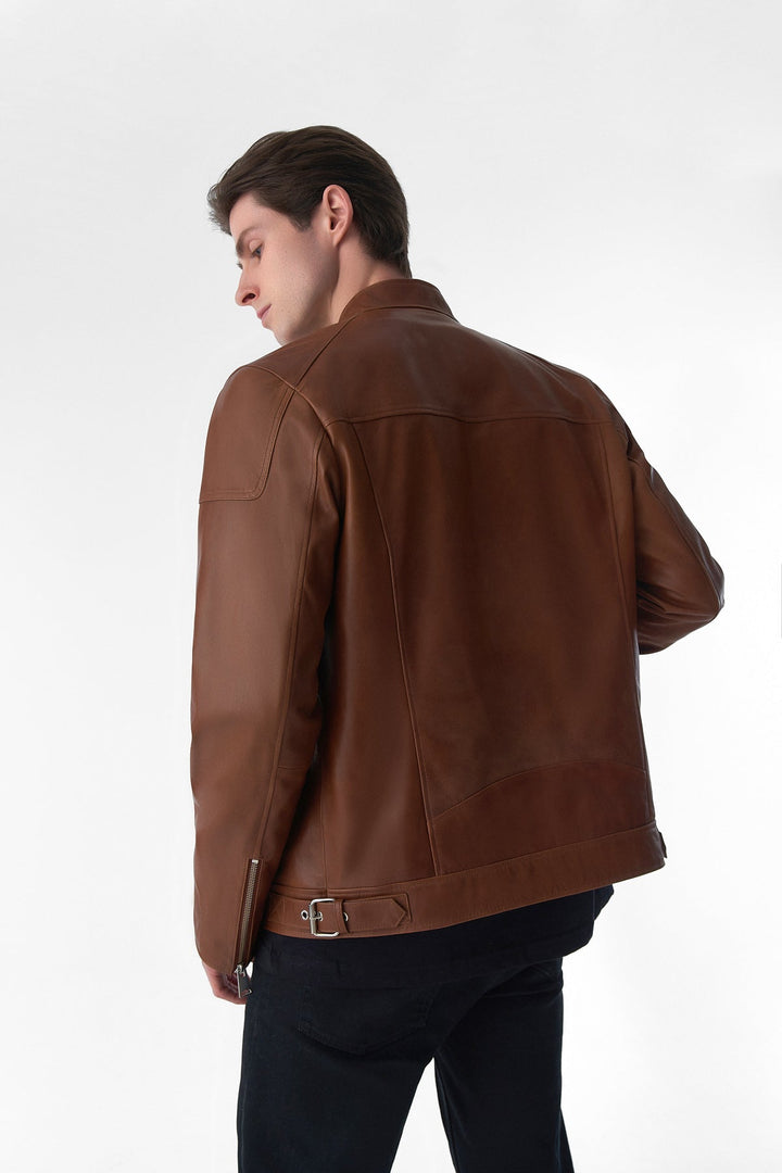 Man wearing brown leather jacket - back view