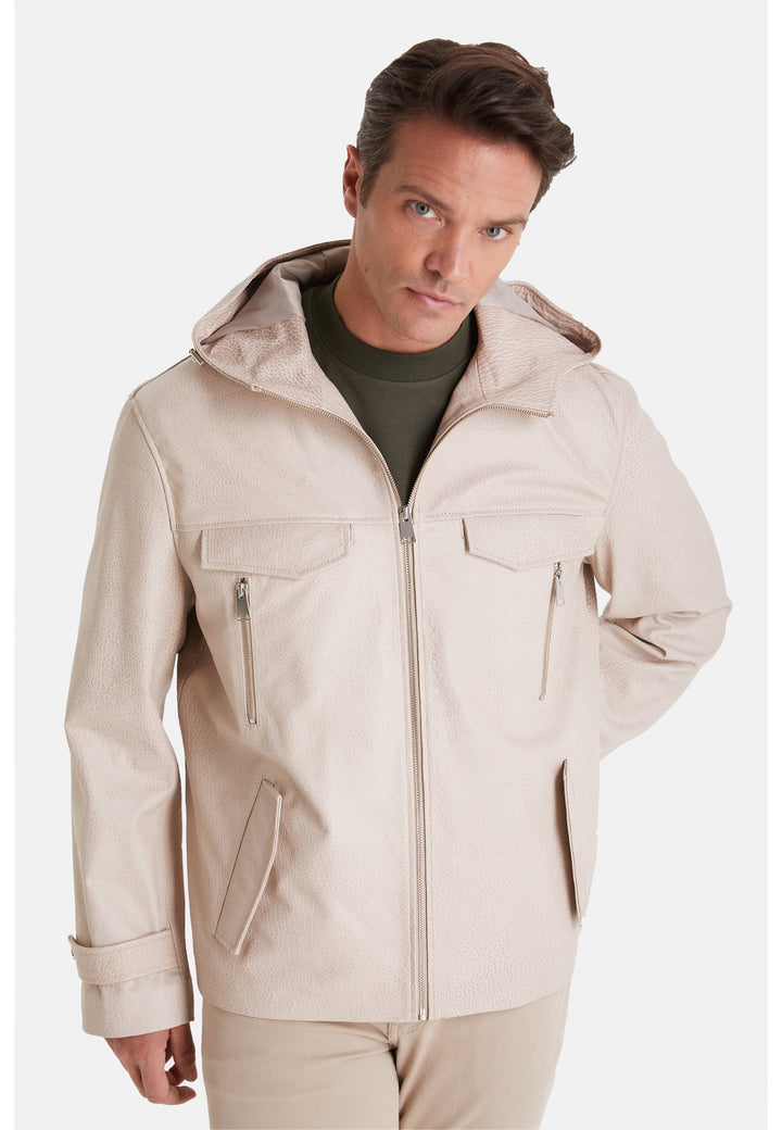 Man wearing beige hooded leather jacket