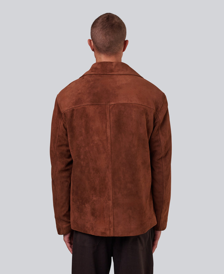 Back view brown suede jacket on model