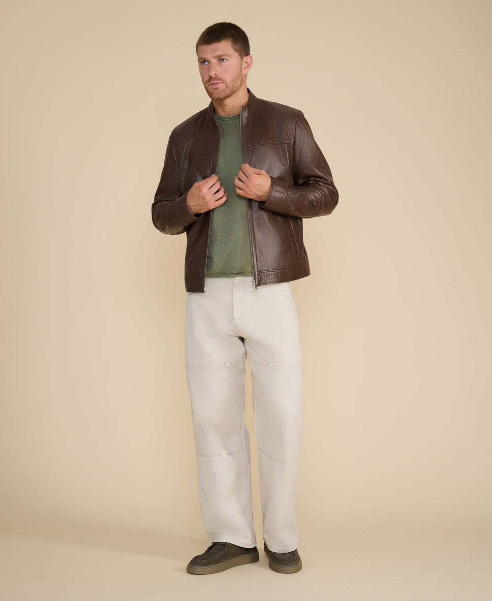 Brown leather racer jacket on model