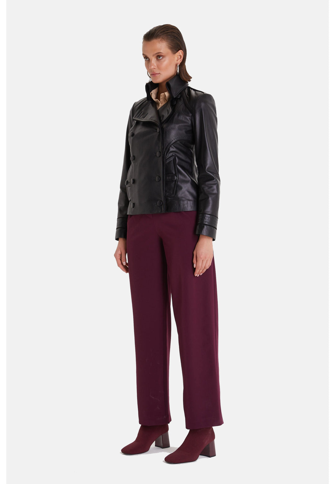 Woman wearing black leather jacket