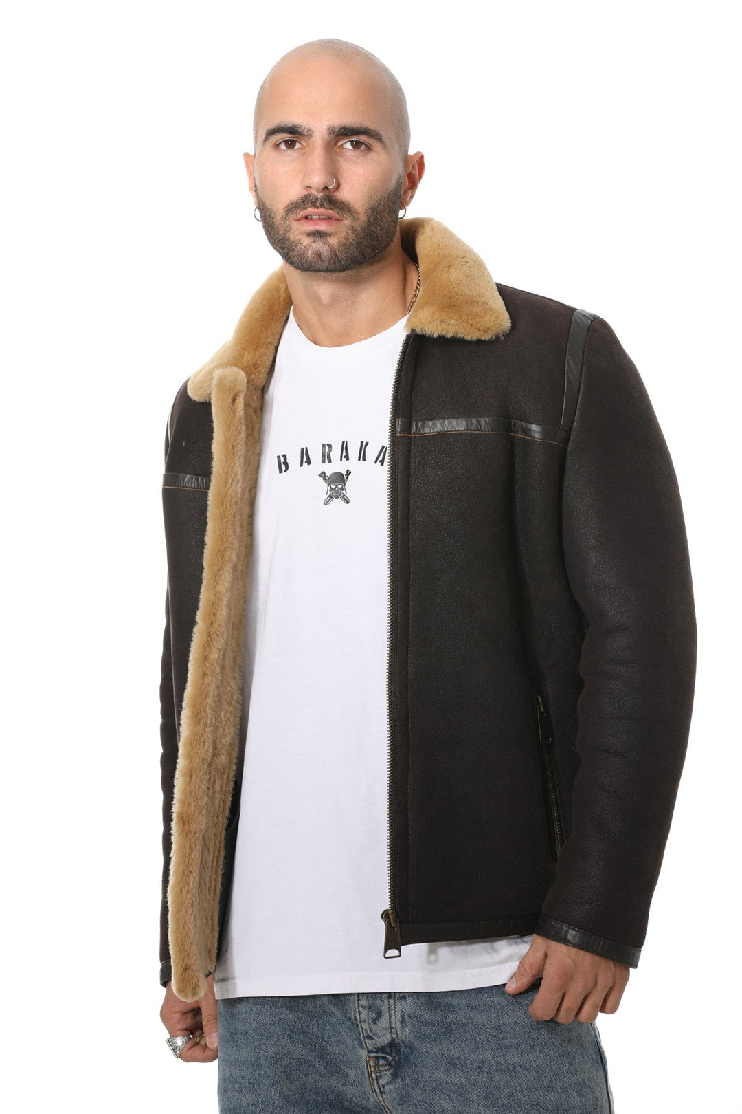 Man wearing brown shearling jacket
