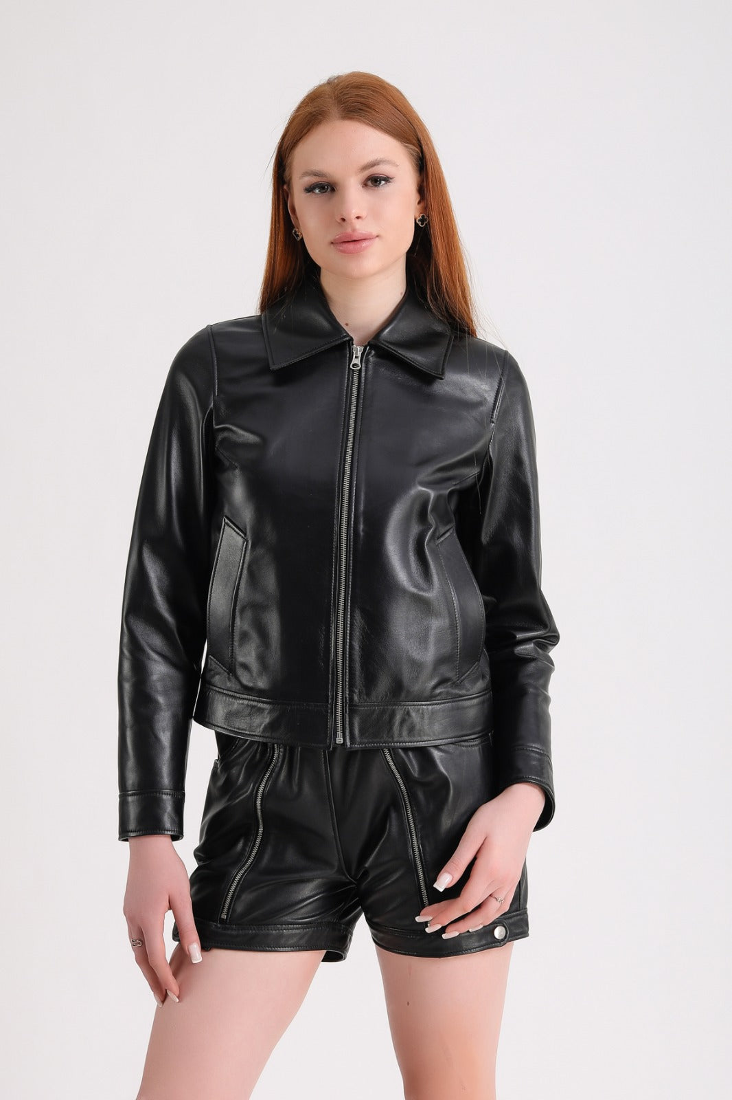 Black leather jacket on model