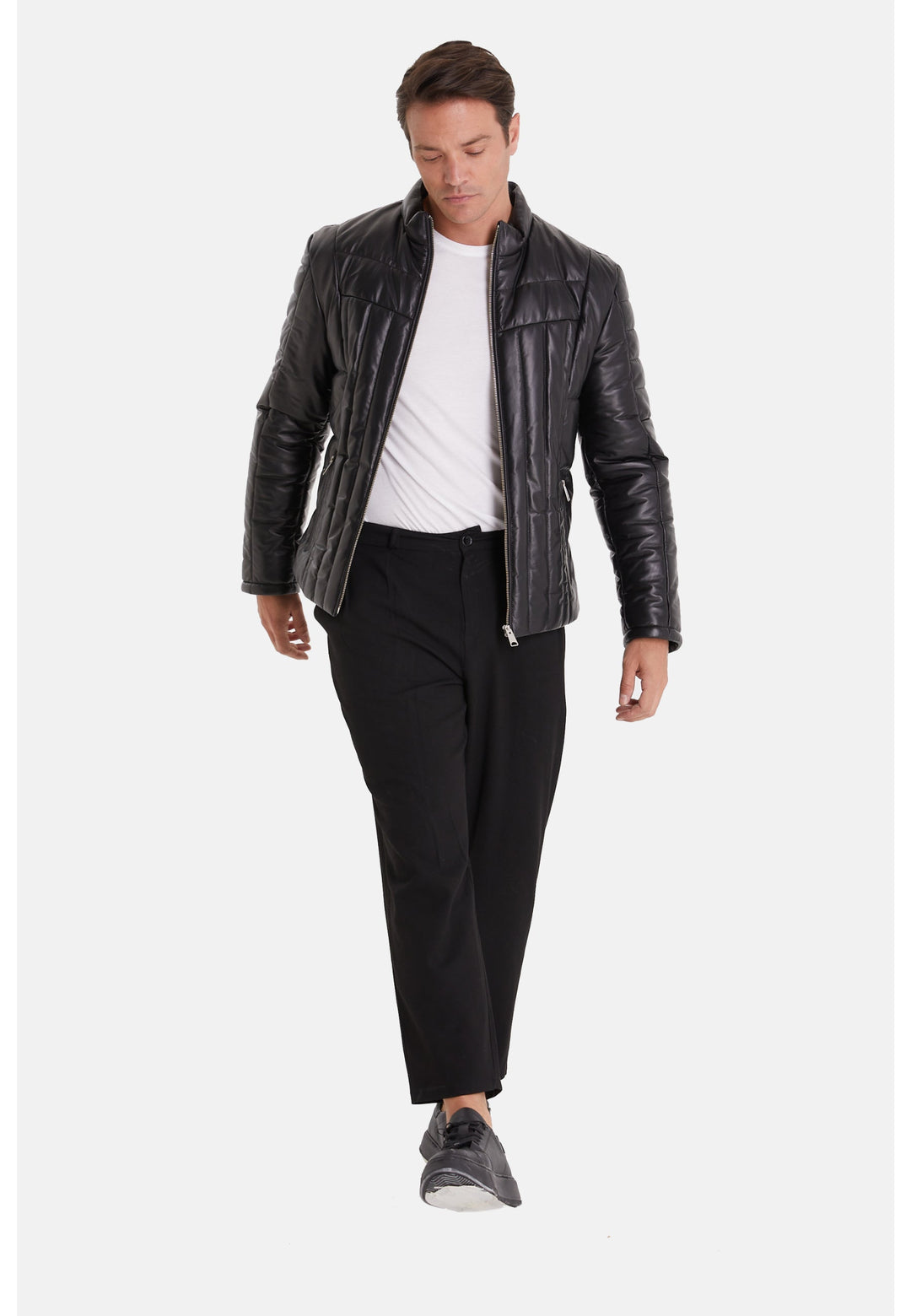 Male model wearing black leather jacket