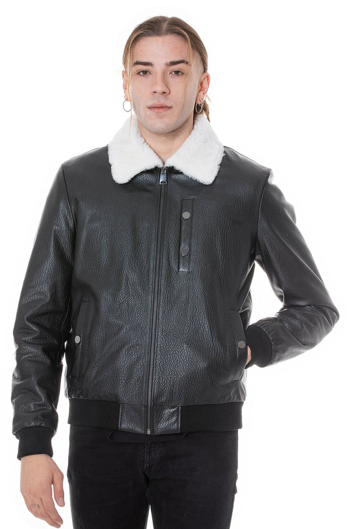 Male model in black sheepskin jacket