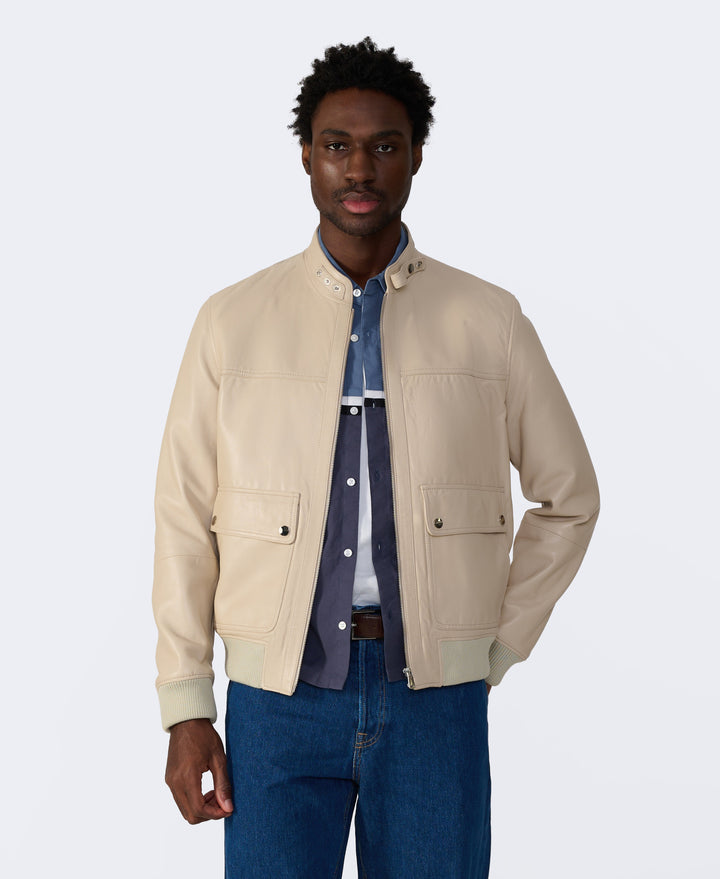 Beige leather jacket on model