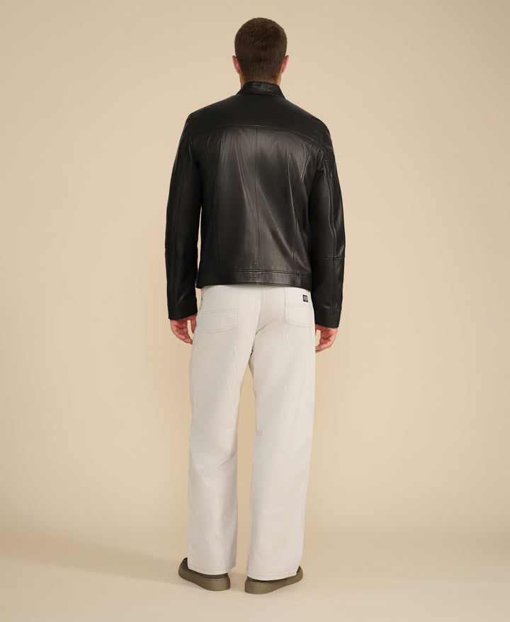 Back view black leather racer jacket