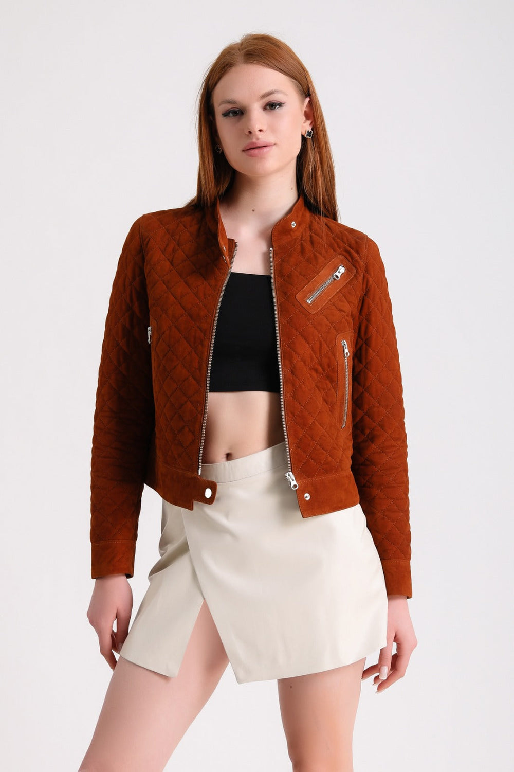 Rust quilted suede jacket on model