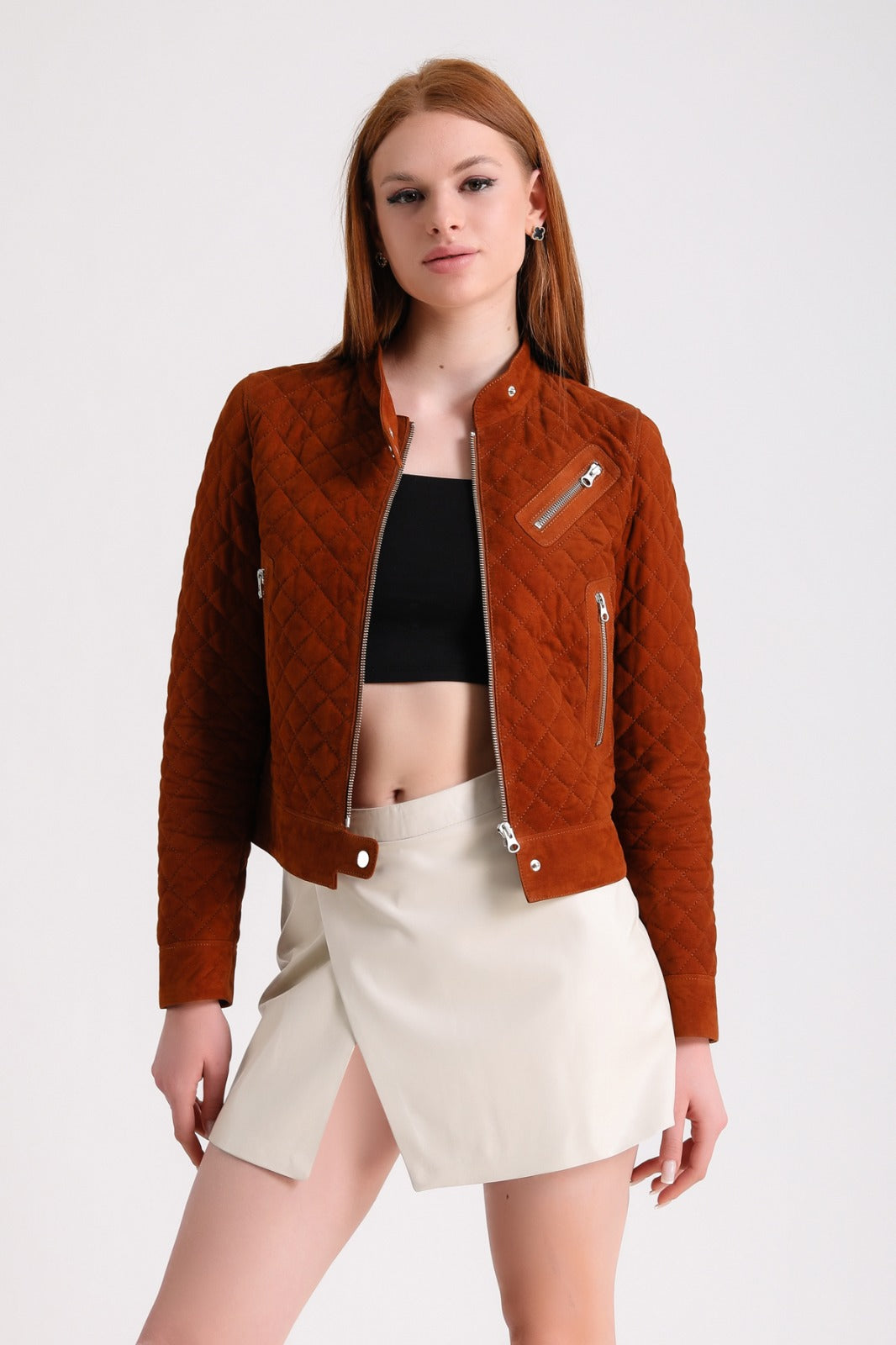 Rust quilted suede jacket on model