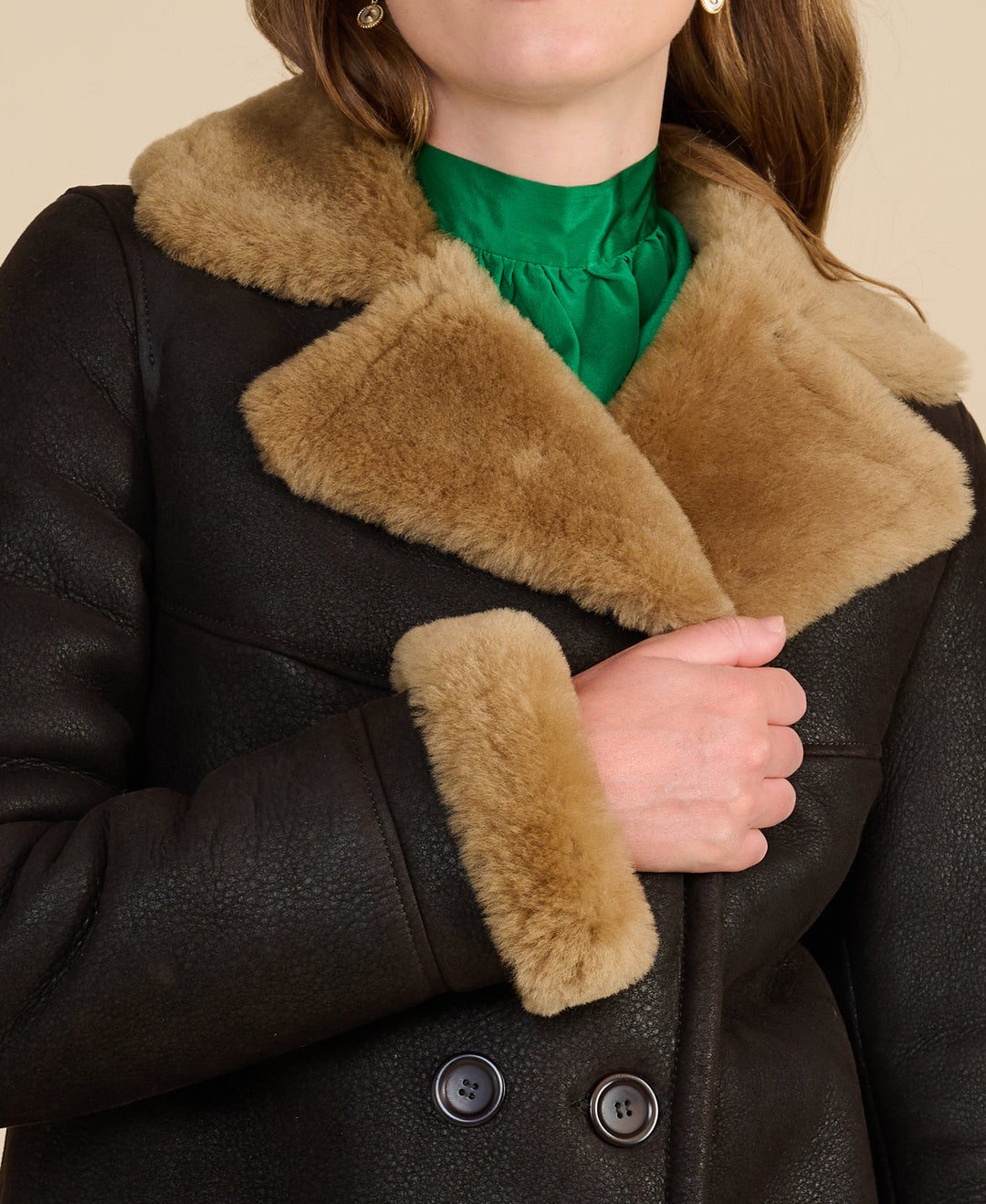 Brown shearling peacoat with tan collar
