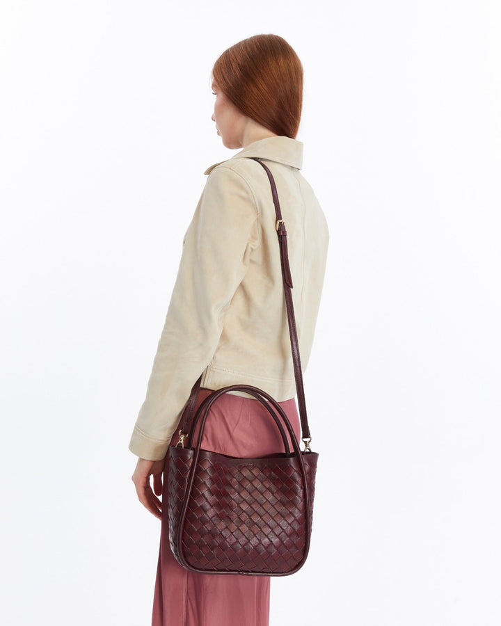 Burgundy woven leather top-handle bag