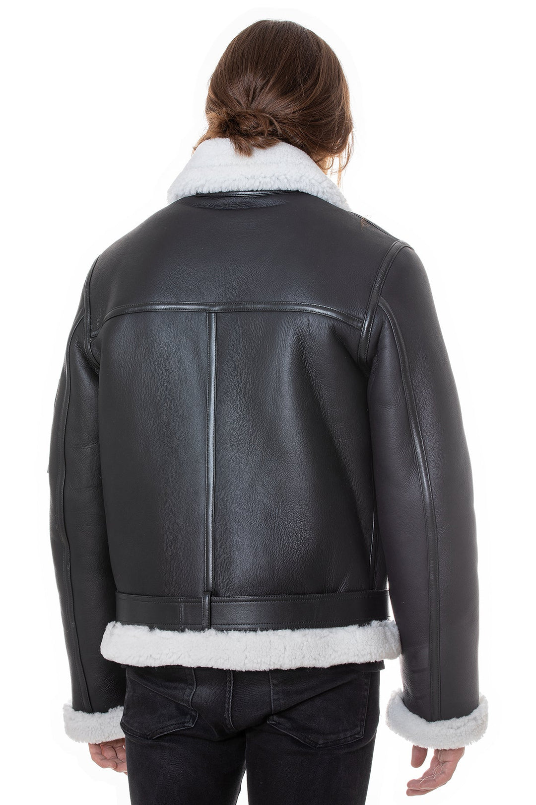 Back of black sheepskin pilot jacket