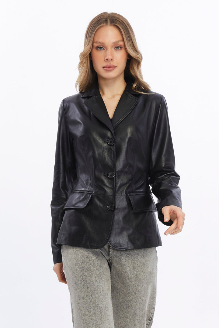 Black leather women's blazer jacket