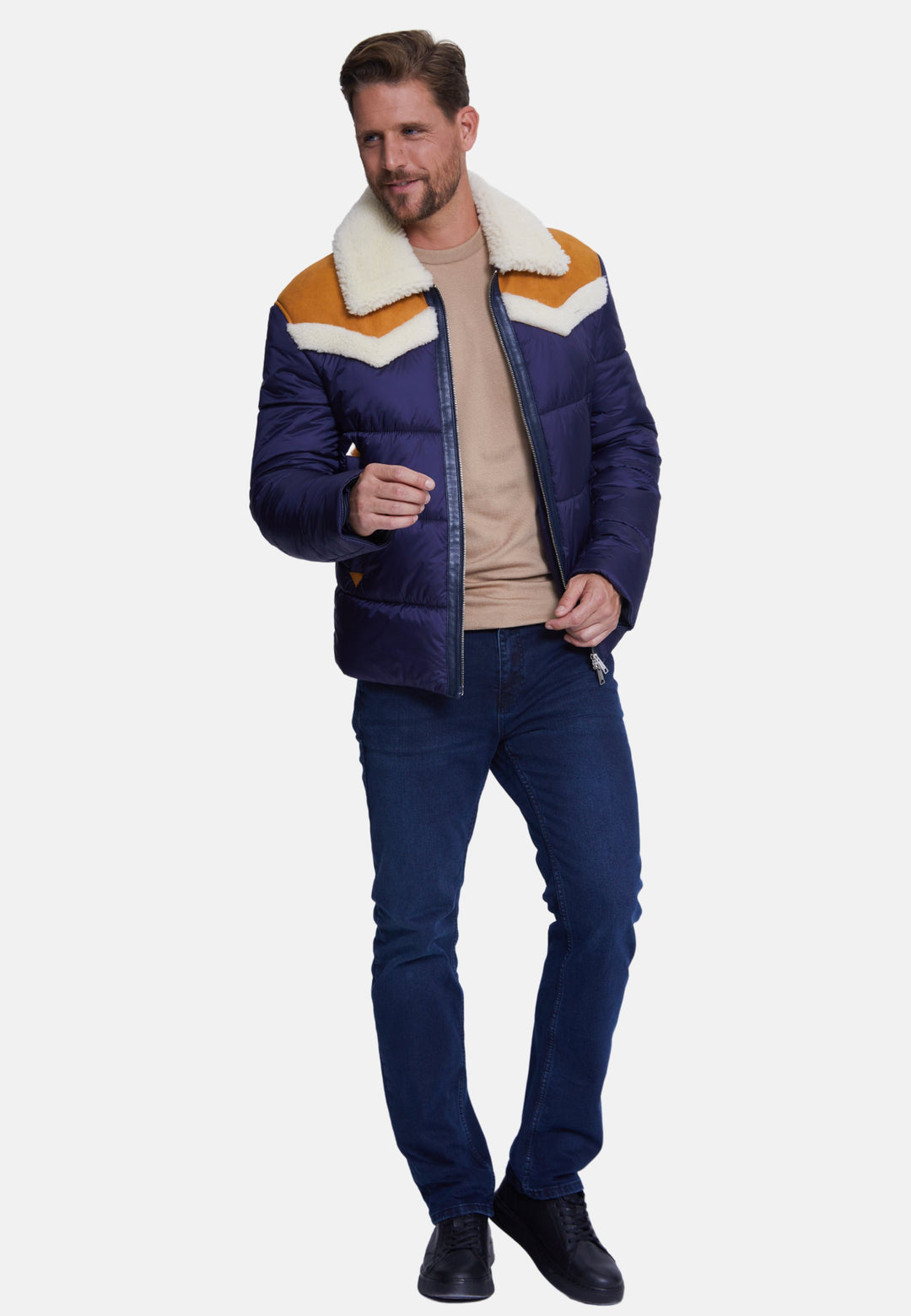 Navy puffer coat with shearling collar