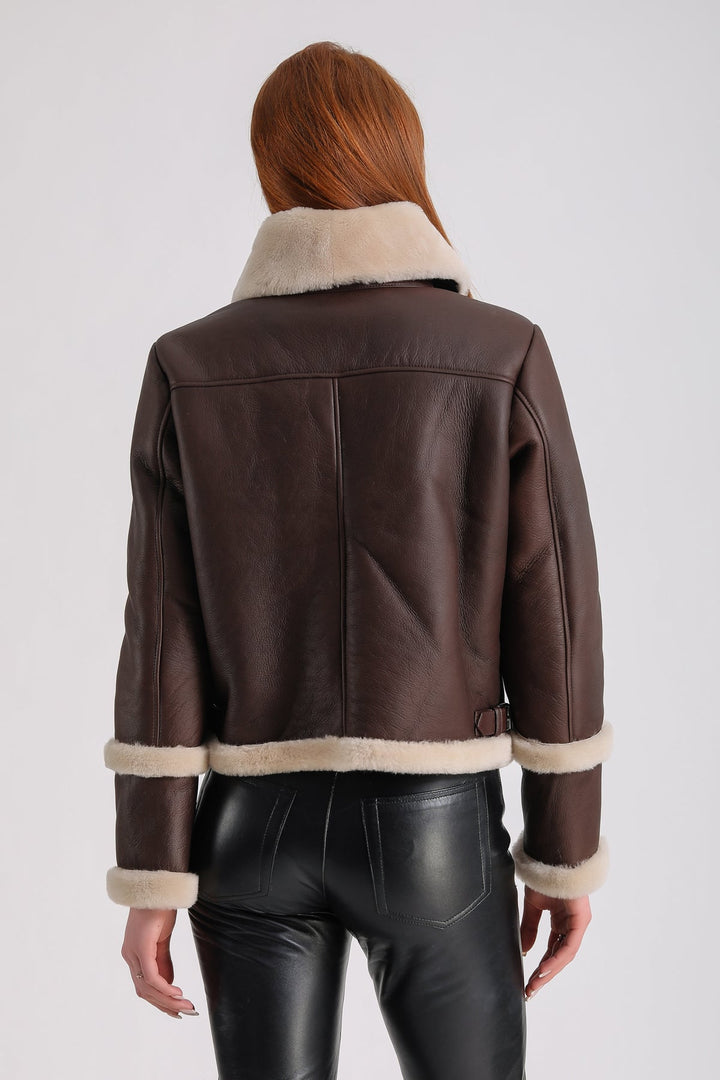 Back view brown shearling jacket on model