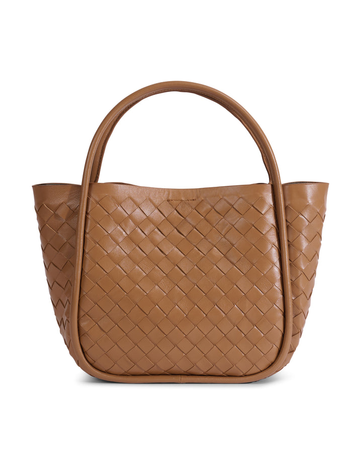Tan woven leather top handle bag