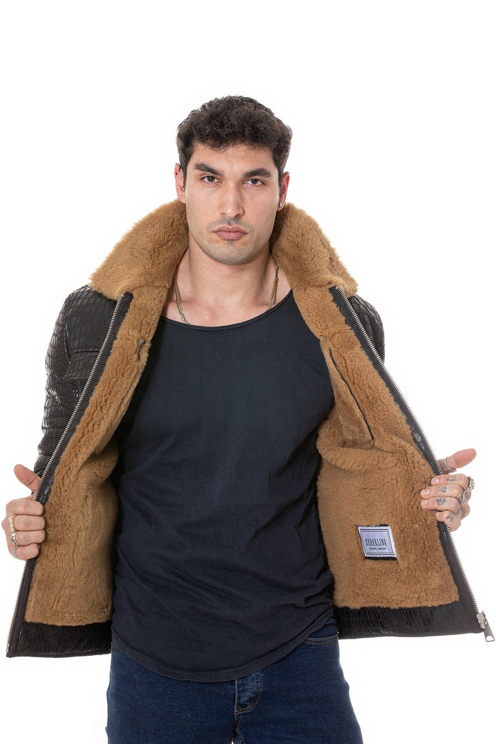 Man wearing black shearling-lined leather coat