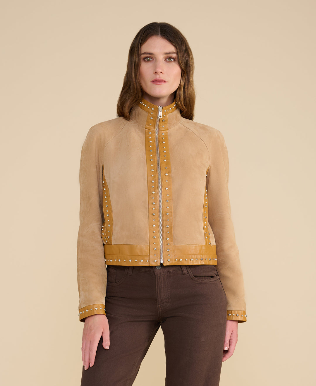 Tan suede studded zip jacket