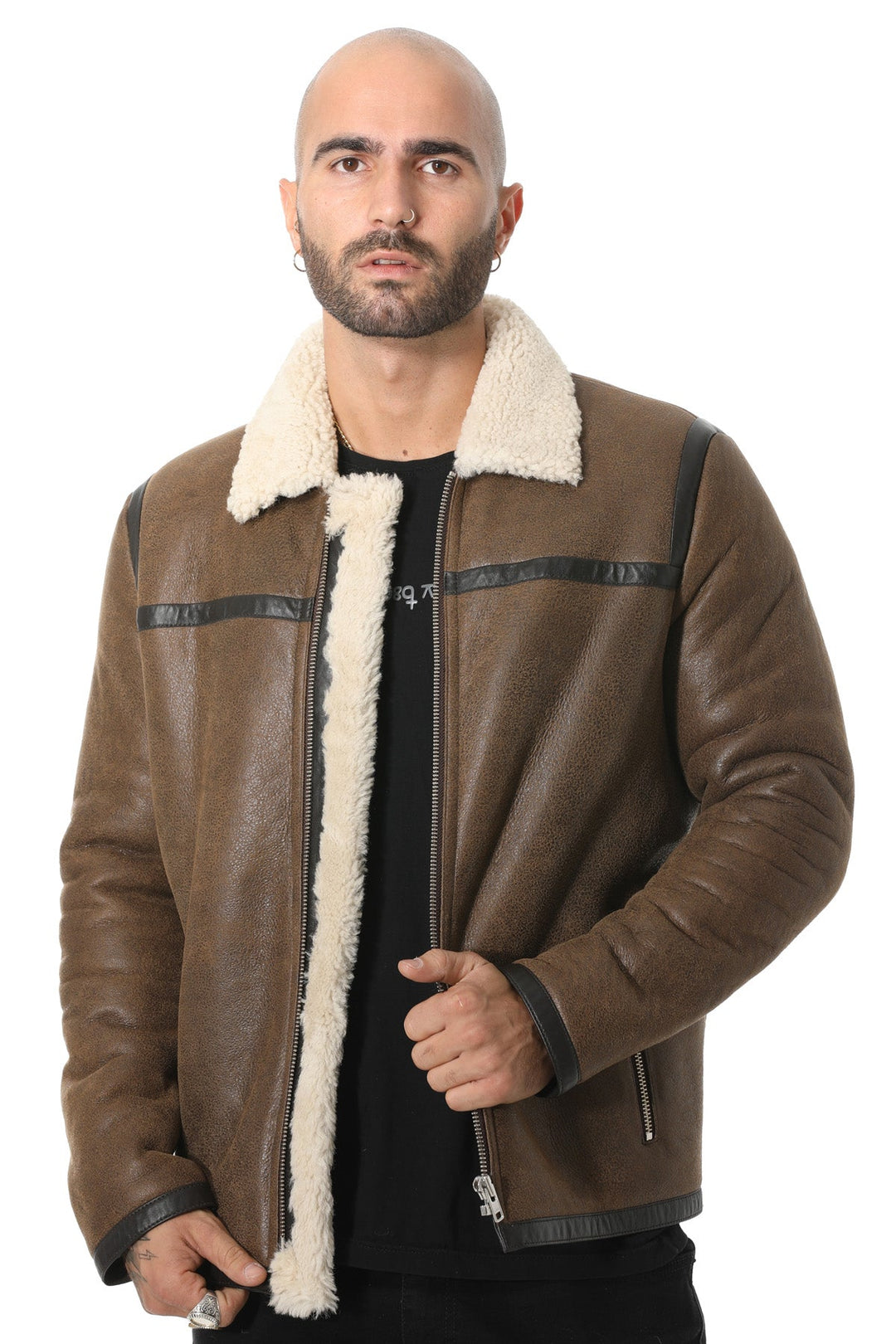 Brown sheepskin jacket with cream shearling collar
