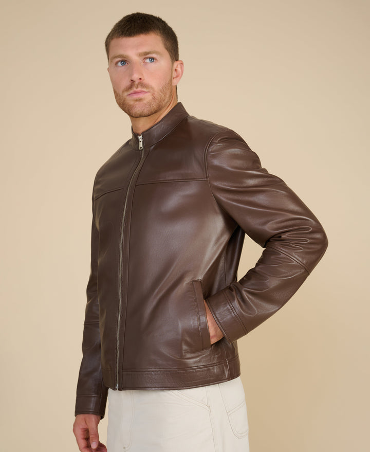 Brown leather racer jacket on model