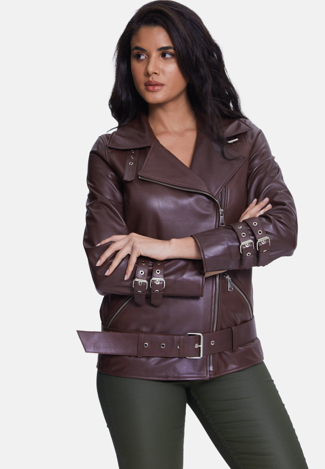 Female model wearing brown leather jacket