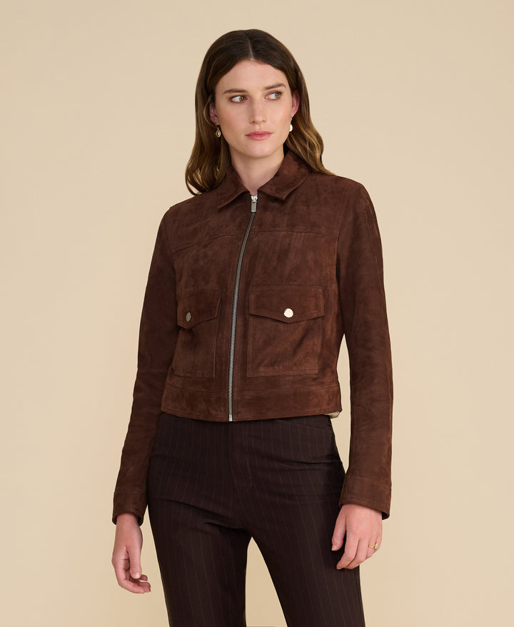 Brown suede zip-front jacket