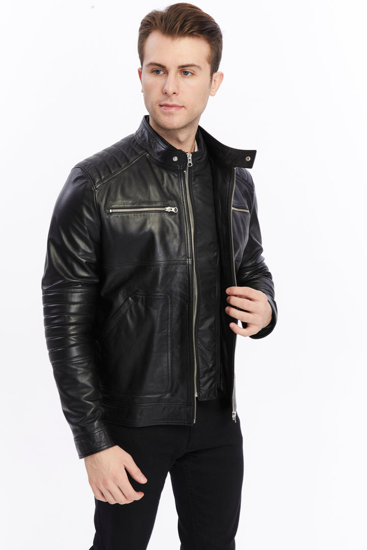 Man wearing black leather jacket