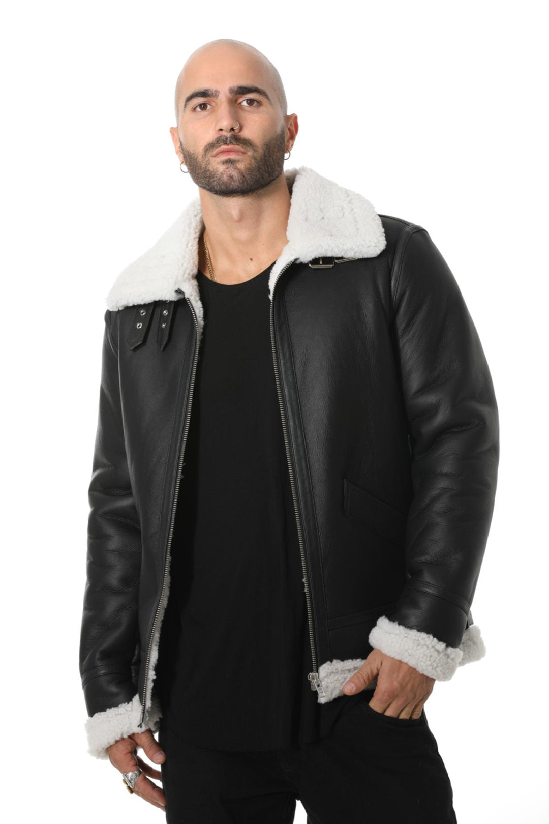 Man wearing black shearling aviator jacket