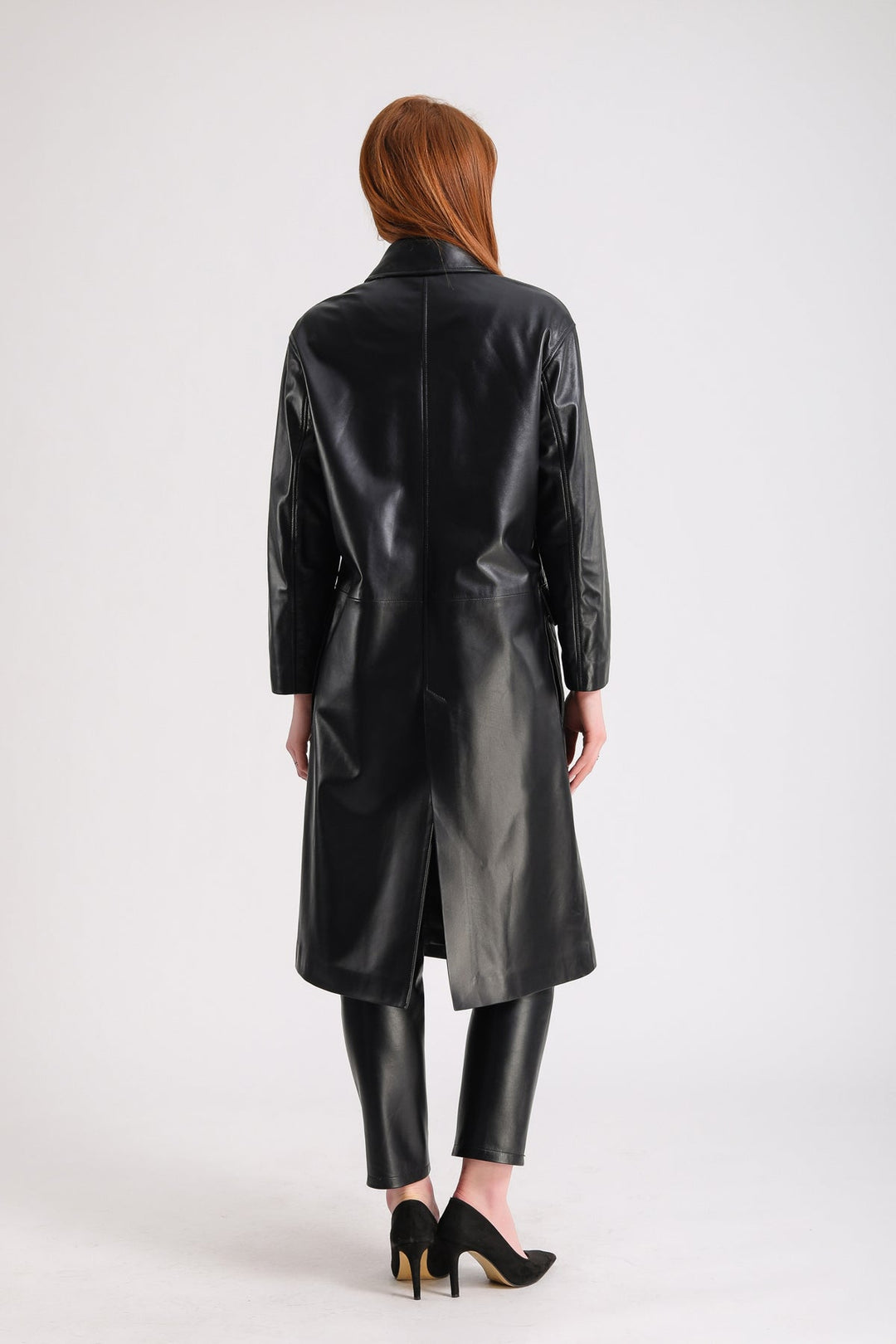 Back view black leather trench coat