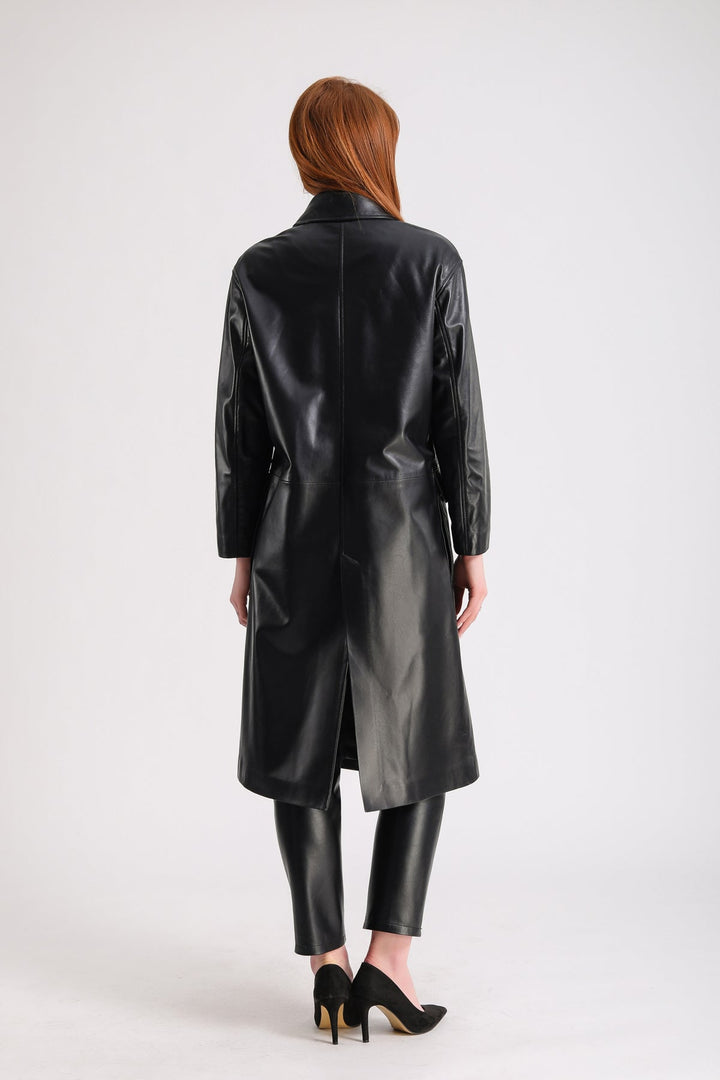 Back view black leather trench coat
