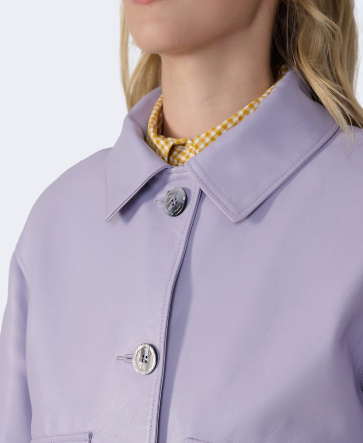 Lavender leather jacket with silver buttons